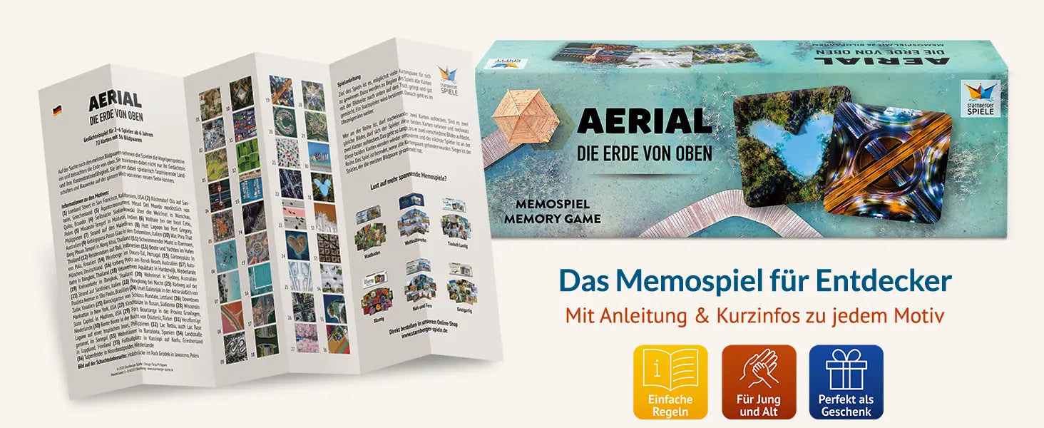 Verpackung und Spielanleitung des Memospiels „Aerial – Die Erde von oben“ von Starnberger Spiele mit Luftbildmotiven sowie Hinweisen zu Spielregeln und den 72 Kartenmotiven