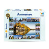 Verpackung des Ammersee Puzzles von Starnberger Spiele mit 1000 Teilen. Die Puzzle-Collage zeigt die schönsten Motive rund um den Ammersee, darunter die Dießener Bootshäuser, Schiffe der Ammersee-Schifffahrt, Stege, Kirchen, Uferlandschaften, historische Bauwerke und Naturaufnahmen. Hochwertiges Puzzle für Ammersee-Liebhaber mit ausgewählten Fotografien aus dem Ammersee Memospiel.