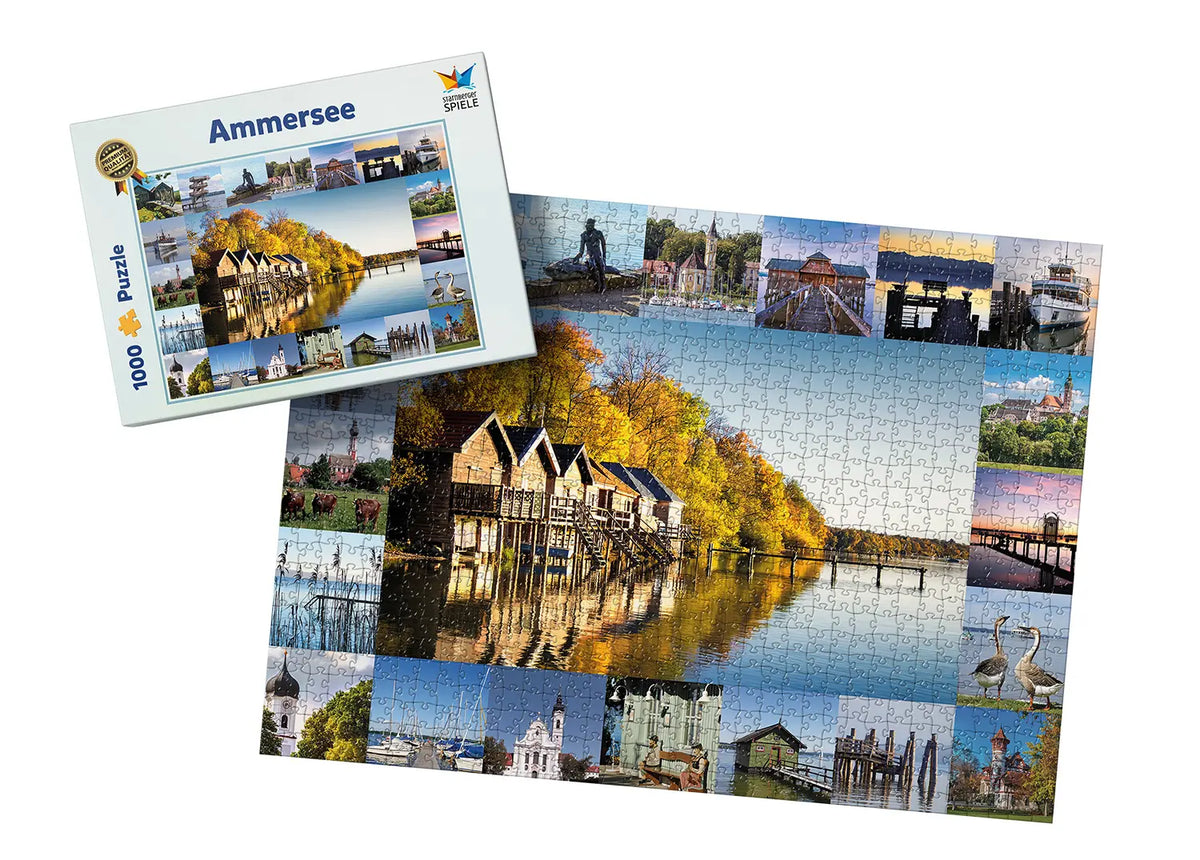 Ammersee Puzzle von Starnberger Spiele mit 1000 Teilen. Die Abbildung zeigt die Puzzleverpackung sowie das fertig gelegte Puzzle mit einer stimmungsvollen Collage aus ausgewählten Motiven des Ammersee Memospiels. Zu sehen sind die Dießener Bootshäuser, die Ammersee-Schifffahrt, Stege, Kirchen, historische Bauwerke, Uferlandschaften und Naturmotive rund um den Ammersee. Die abwechslungsreiche Bildkomposition macht das Puzzle besonders einsteigerfreundlich und sorgt für ein entspanntes Puzzleerlebnis für See-
