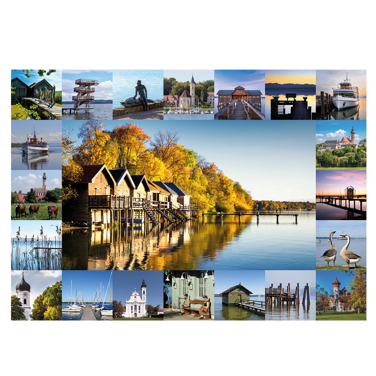 Motiv des Ammersee Puzzles von Starnberger Spiele mit einer liebevoll gestalteten Collage aus ausgewählten Fotografien rund um den Ammersee. Im Mittelpunkt stehen die berühmten Dießener Bootshäuser im Herbstlicht, umgeben von regionalen Sehenswürdigkeiten, historischen Bauwerken, Kirchen, Stegen, Schiffen der Ammersee-Schifffahrt, Uferlandschaften, Wasservögeln und idyllischen Naturmotiven. Die abwechslungsreiche Bildkomposition basiert auf Motiven des Ammersee Memospiels und vermittelt die besondere Atmosp