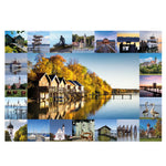 Motiv des Ammersee Puzzles von Starnberger Spiele mit einer liebevoll gestalteten Collage aus ausgewählten Fotografien rund um den Ammersee. Im Mittelpunkt stehen die berühmten Dießener Bootshäuser im Herbstlicht, umgeben von regionalen Sehenswürdigkeiten, historischen Bauwerken, Kirchen, Stegen, Schiffen der Ammersee-Schifffahrt, Uferlandschaften, Wasservögeln und idyllischen Naturmotiven. Die abwechslungsreiche Bildkomposition basiert auf Motiven des Ammersee Memospiels und vermittelt die besondere Atmosp