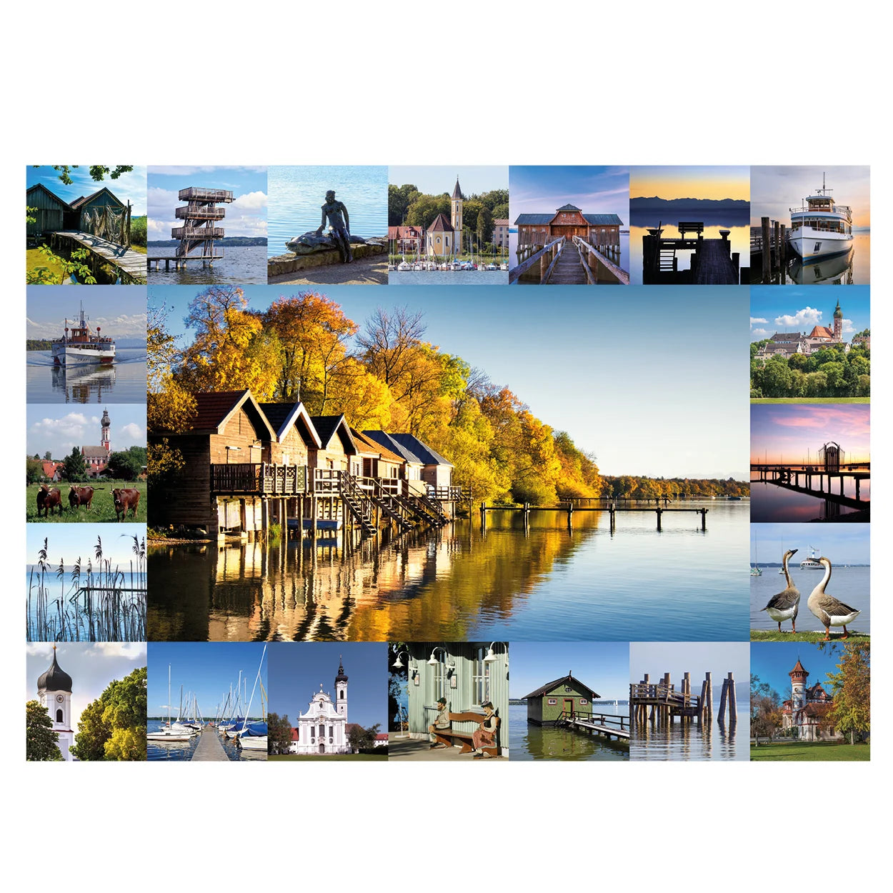 Motiv des Ammersee Puzzles von Starnberger Spiele mit einer liebevoll gestalteten Collage aus ausgewählten Fotografien rund um den Ammersee. Im Mittelpunkt stehen die berühmten Dießener Bootshäuser im Herbstlicht, umgeben von regionalen Sehenswürdigkeiten, historischen Bauwerken, Kirchen, Stegen, Schiffen der Ammersee-Schifffahrt, Uferlandschaften, Wasservögeln und idyllischen Naturmotiven. Die abwechslungsreiche Bildkomposition basiert auf Motiven des Ammersee Memospiels und vermittelt die besondere Atmosp