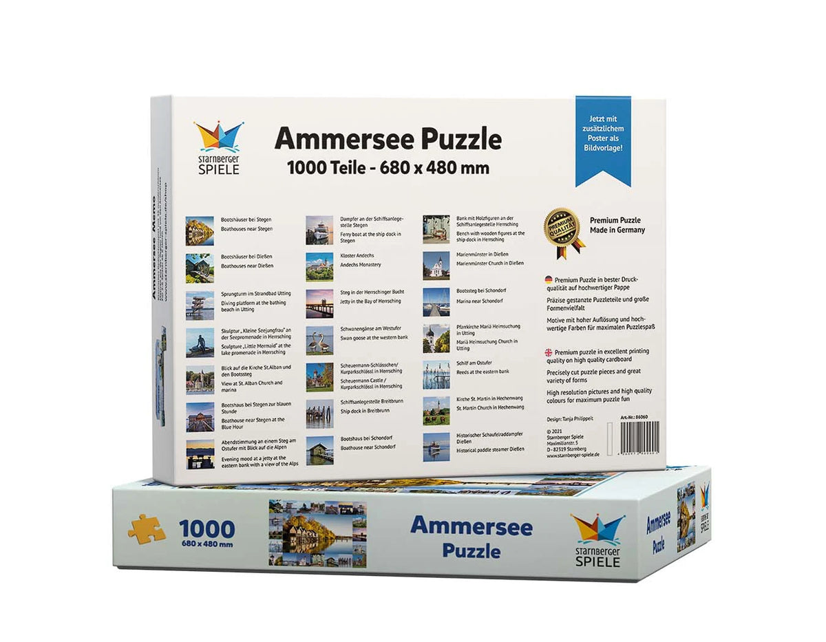 Rückseite und Seitenansicht der Verpackung des Ammersee Puzzles von Starnberger Spiele mit 1000 Teilen. Die Abbildung zeigt eine Übersicht aller enthaltenen Motive der Ammersee-Collage mit Ortsangaben in deutscher und englischer Sprache. Zusätzlich werden die Premium-Qualität des Puzzles, die Herstellung in Deutschland sowie das beiliegende Poster als Bildvorlage vorgestellt. Das Puzzle basiert auf ausgewählten Motiven des Ammersee Memospiels.