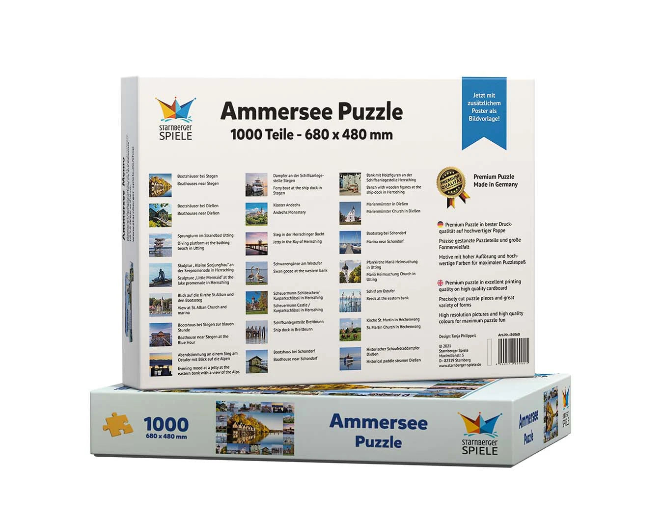 Rückseite und Seitenansicht der Verpackung des Ammersee Puzzles von Starnberger Spiele mit 1000 Teilen. Die Abbildung zeigt eine Übersicht aller enthaltenen Motive der Ammersee-Collage mit Ortsangaben in deutscher und englischer Sprache. Zusätzlich werden die Premium-Qualität des Puzzles, die Herstellung in Deutschland sowie das beiliegende Poster als Bildvorlage vorgestellt. Das Puzzle basiert auf ausgewählten Motiven des Ammersee Memospiels.