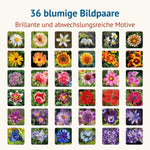 Übersicht aller 36 Blumenmotive des Memospiels Blumig mit farbenprächtigen Blüten wie Rosen, Mohnblumen, Sonnenblumen, Margeriten und Kornblumen.