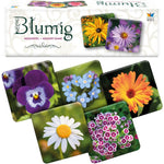 Blumig Memospiel mit Spielschachtel und hochwertigen Spielkarten mit farbenprächtigen Blumenmotiven wie Stiefmütterchen, Gänseblümchen und Vergissmeinnicht.