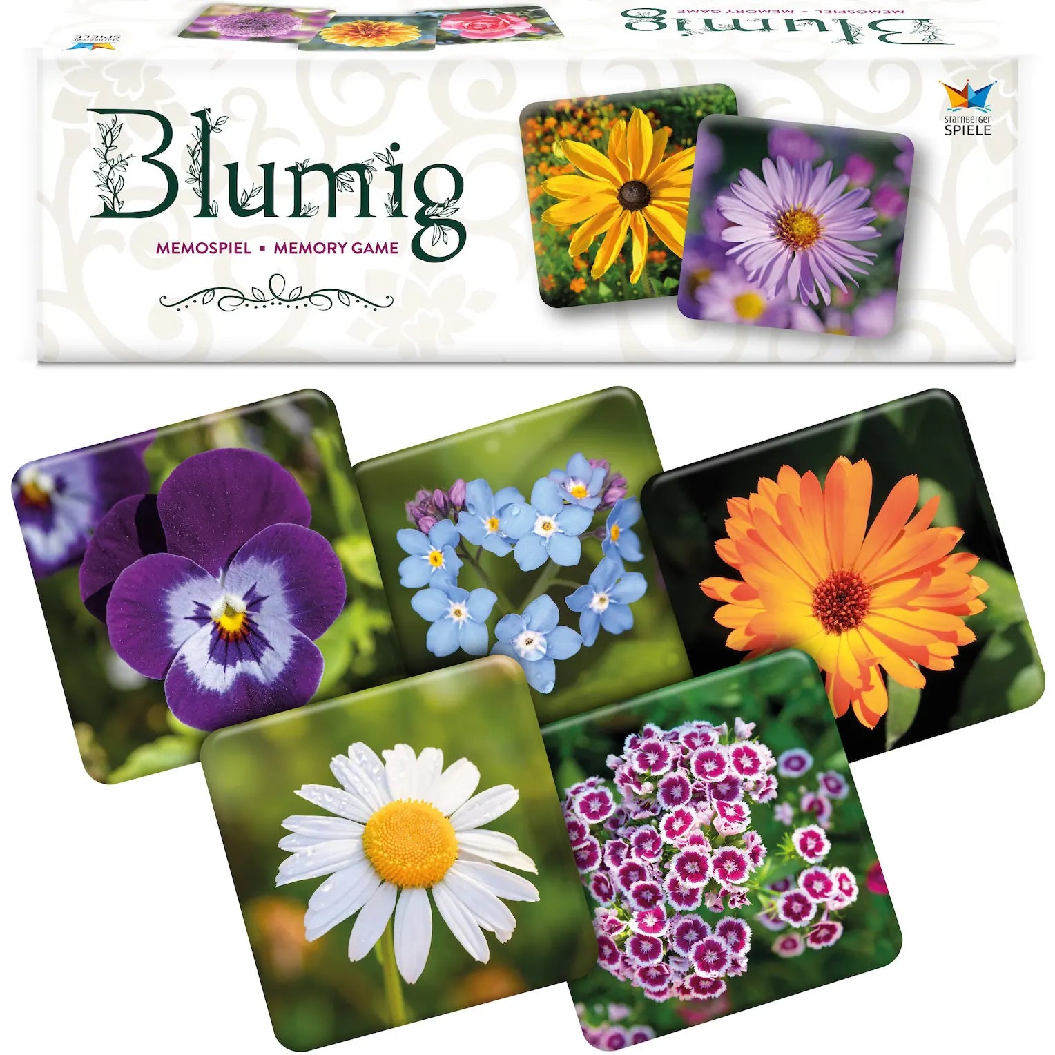 Blumig Memospiel mit Spielschachtel und hochwertigen Spielkarten mit farbenprächtigen Blumenmotiven wie Stiefmütterchen, Gänseblümchen und Vergissmeinnicht.