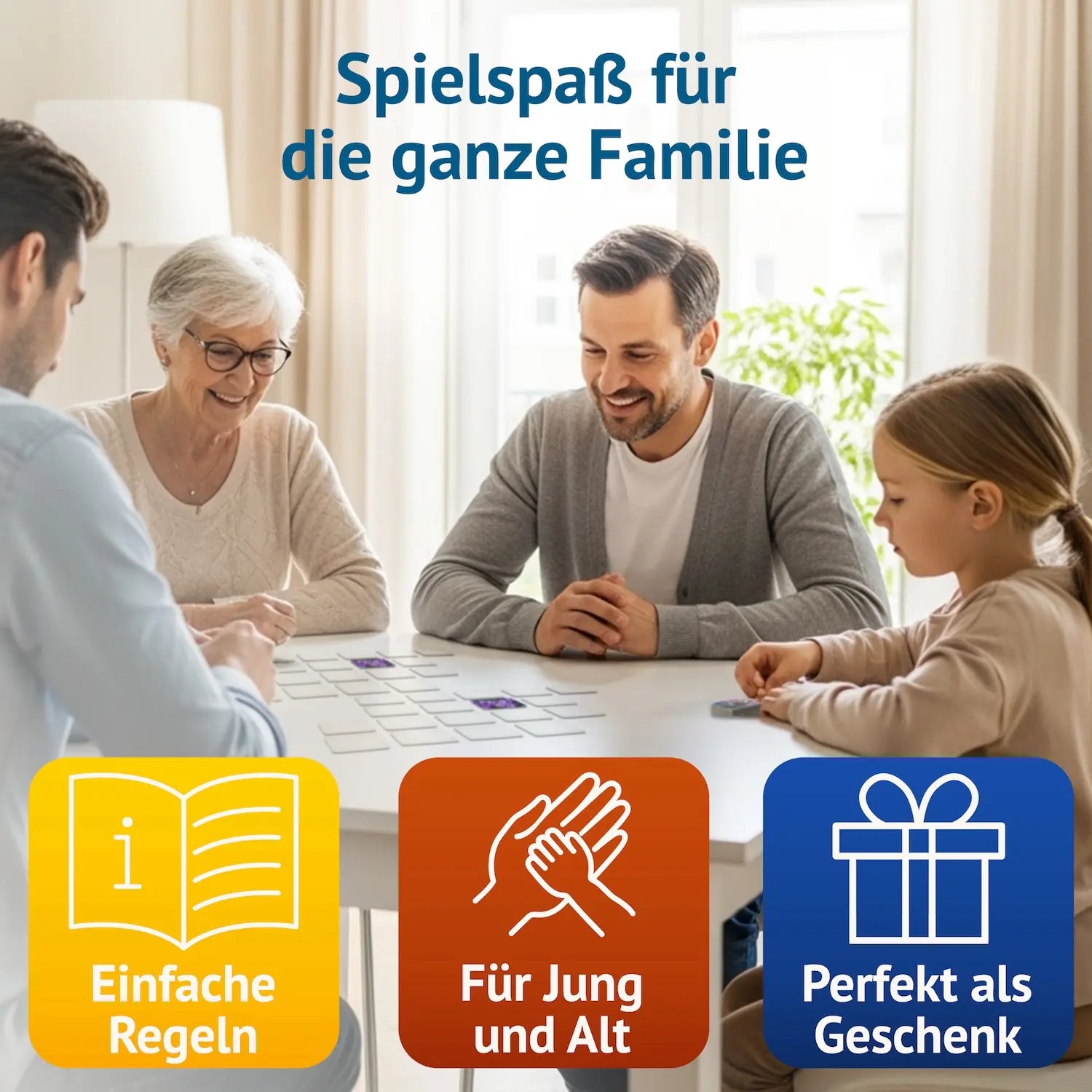 Familie mit Kindern und Großmutter spielt gemeinsam das Memospiel Blumig. Das leicht erlernbare Gedächtnisspiel sorgt für Spielspaß bei Jung und Alt und eignet sich auch als Geschenk.