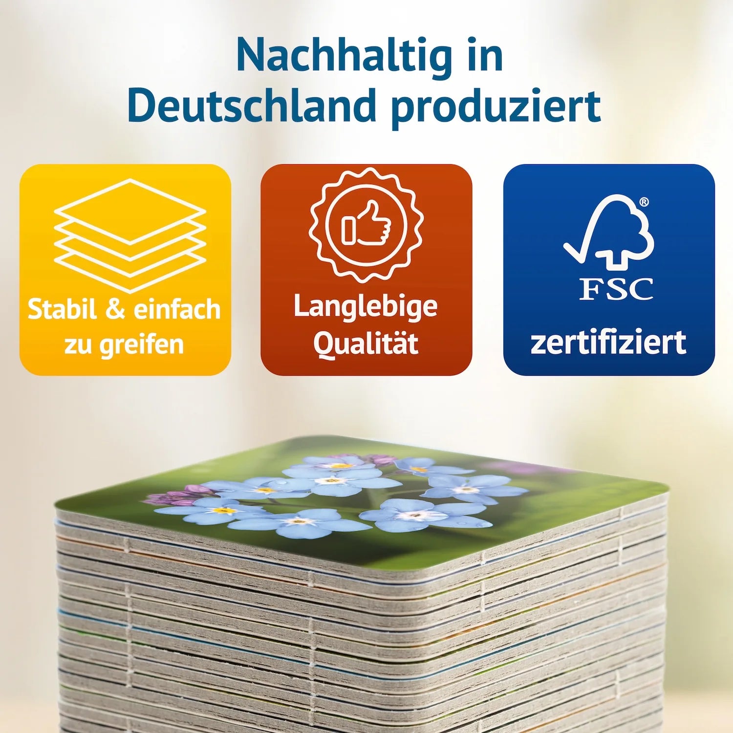 Stabile Spielkarten des Memospiels Blumig mit FSC-Zertifizierung. Nachhaltig in Deutschland produziert und für langlebigen Spielspaß entwickelt.