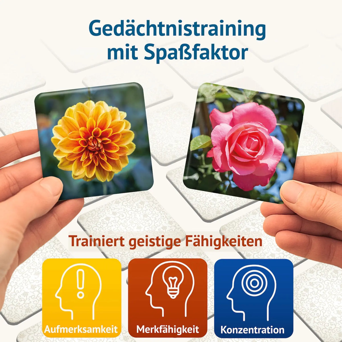 Blumig Memospiel mit zwei Blumenkarten und Symbolen für Aufmerksamkeit, Merkfähigkeit und Konzentration – spielerisches Gedächtnistraining für Jung und Alt.