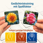 Blumig Memospiel mit zwei Blumenkarten und Symbolen für Aufmerksamkeit, Merkfähigkeit und Konzentration – spielerisches Gedächtnistraining für Jung und Alt.
