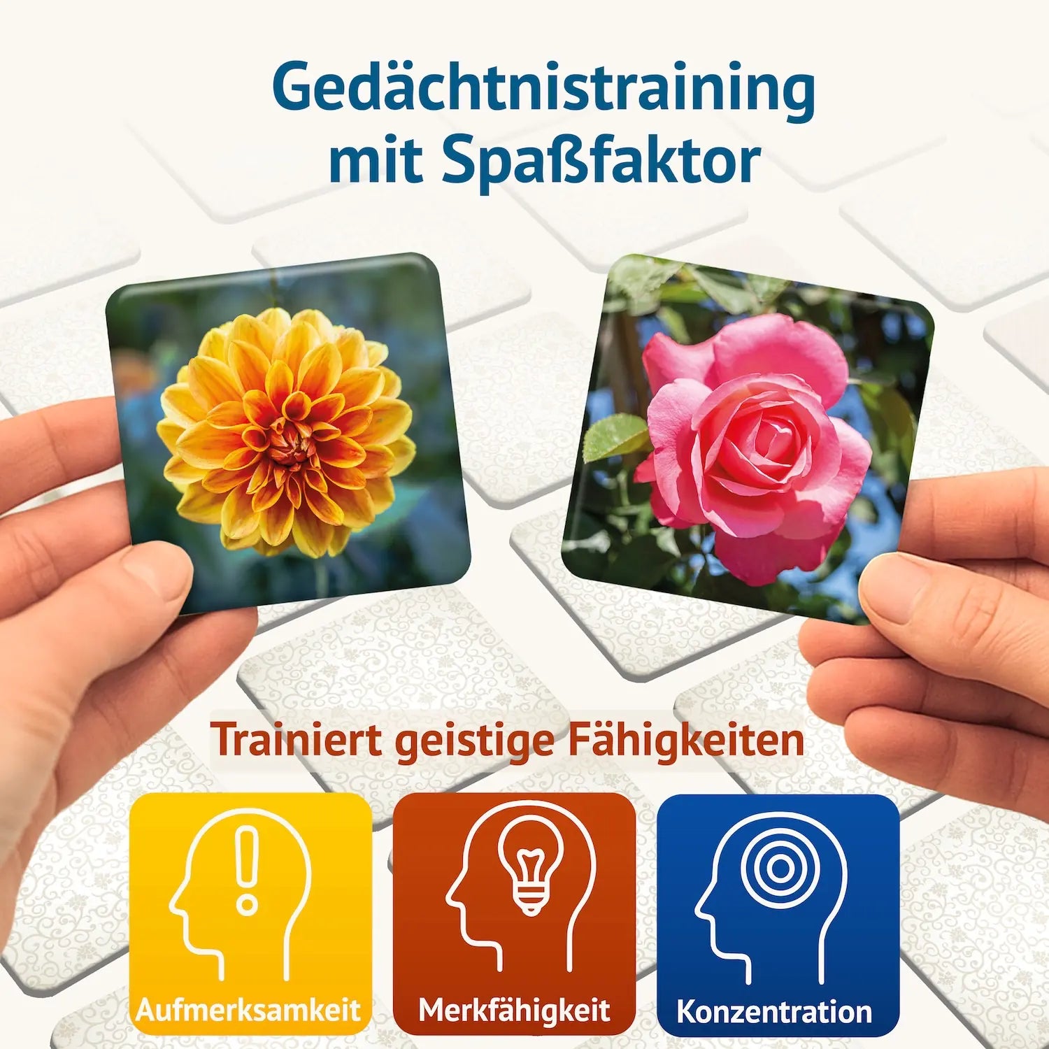 Blumig Memospiel mit zwei Blumenkarten und Symbolen für Aufmerksamkeit, Merkfähigkeit und Konzentration – spielerisches Gedächtnistraining für Jung und Alt.