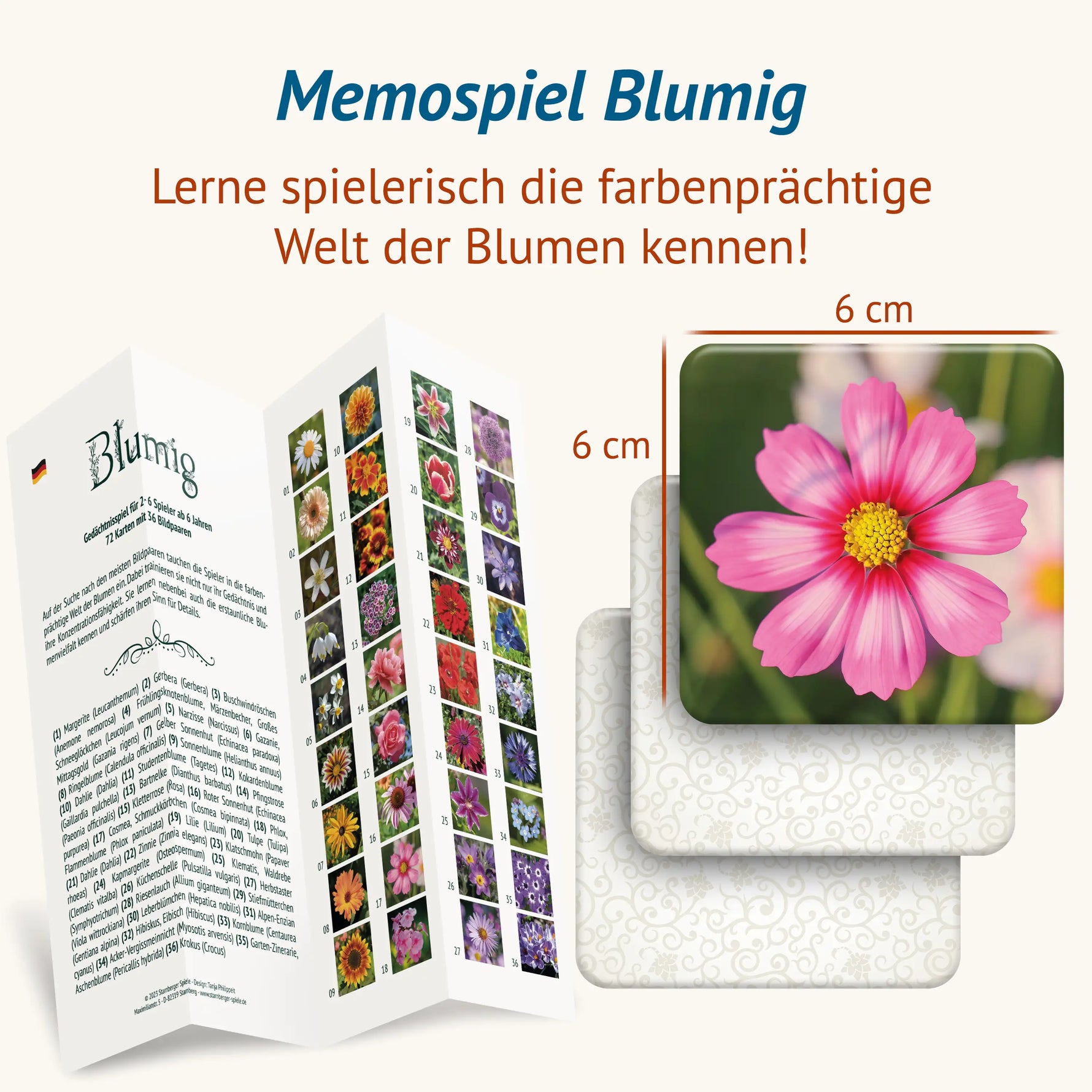 Spielanleitung des Memospiels Blumig mit Übersicht aller 36 Blumenmotive sowie Kurzinformationen zu jeder Blume und Beispiel-Spielkarte.