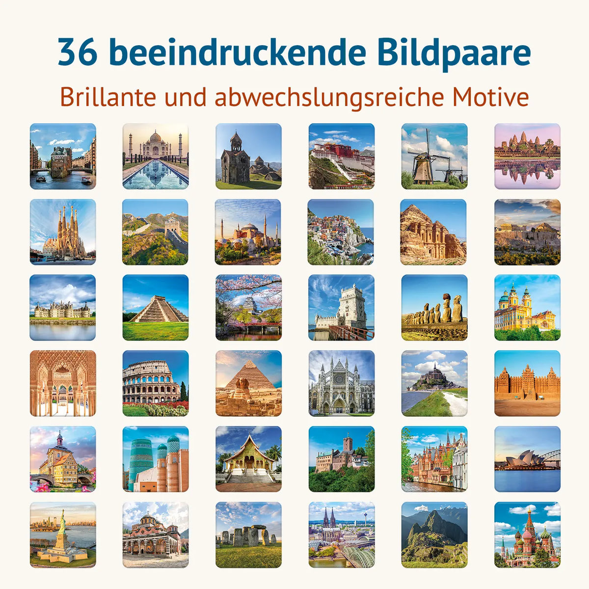 Übersicht aller 36 Motive des Memospiels „Das Weltkulturerbe“, darunter Taj Mahal, Sagrada Família, Chinesische Mauer, Kolosseum, Pyramiden von Gizeh, Mont-Saint-Michel, Sydney Opera House und Kölner Dom. Text: 36 beeindruckende Bildpaare – brillante und abwechslungsreiche Motive.