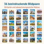 Übersicht aller 36 Motive des Memospiels „Das Weltkulturerbe“, darunter Taj Mahal, Sagrada Família, Chinesische Mauer, Kolosseum, Pyramiden von Gizeh, Mont-Saint-Michel, Sydney Opera House und Kölner Dom. Text: 36 beeindruckende Bildpaare – brillante und abwechslungsreiche Motive.