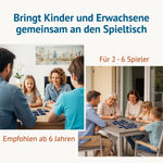 Zwei Familien mit Kindern und Großeltern spielen Memo am Tisch. Text: Bringt Kinder und Erwachsene gemeinsam an den Spieltisch – für 2–6 Spieler, empfohlen ab 6 Jahren.