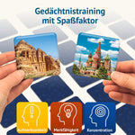 Zwei Hände halten die Memokarten Petra und Basilius-Kathedrale über verdeckten blauen Karten. Text: Gedächtnistraining mit Spaßfaktor – fördert Aufmerksamkeit, Merkfähigkeit und Konzentration.