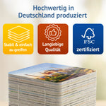 Stapel dicker Memokarten, oben eine Karte mit der Hagia Sophia. Text: Hochwertig in Deutschland produziert – stabil & einfach zu greifen, langlebige Qualität, FSC-zertifiziert.