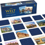 Memospiel „Das Weltkulturerbe“ von Starnberger Spiele mit ausgelegten Karten. Aufgedeckt sind unter anderem das Alte Rathaus Bamberg, die Hagia Sophia, Machu Picchu, Manarola, das Kloster Ad Deir in Petra, die Freiheitsstatue und Angkor Wat, dazwischen verdeckte blaue Karten.