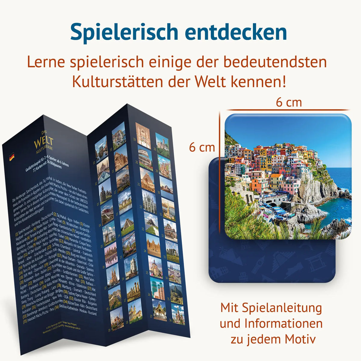 Aufgeklappte Spielanleitung mit nummerierter Motivübersicht und eine 6 × 6 cm große Memokarte von Manarola in den Cinque Terre. Text: Spielerisch entdecken – lerne spielerisch einige der bedeutendsten Kulturstätten der Welt kennen. Mit Spielanleitung und Informationen zu jedem Motiv.