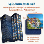 Aufgeklappte Spielanleitung mit nummerierter Motivübersicht und eine 6 × 6 cm große Memokarte von Manarola in den Cinque Terre. Text: Spielerisch entdecken – lerne spielerisch einige der bedeutendsten Kulturstätten der Welt kennen. Mit Spielanleitung und Informationen zu jedem Motiv.