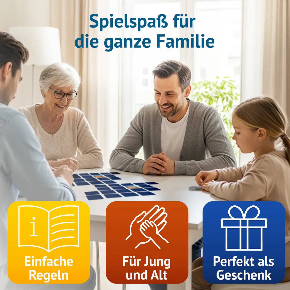 Großmutter, zwei Männer und ein Mädchen spielen gemeinsam Memo am hellen Esstisch. Text: Spielspaß für die ganze Familie – einfache Regeln, für Jung und Alt, perfekt als Geschenk.