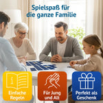 Großmutter, zwei Männer und ein Mädchen spielen gemeinsam Memo am hellen Esstisch. Text: Spielspaß für die ganze Familie – einfache Regeln, für Jung und Alt, perfekt als Geschenk.