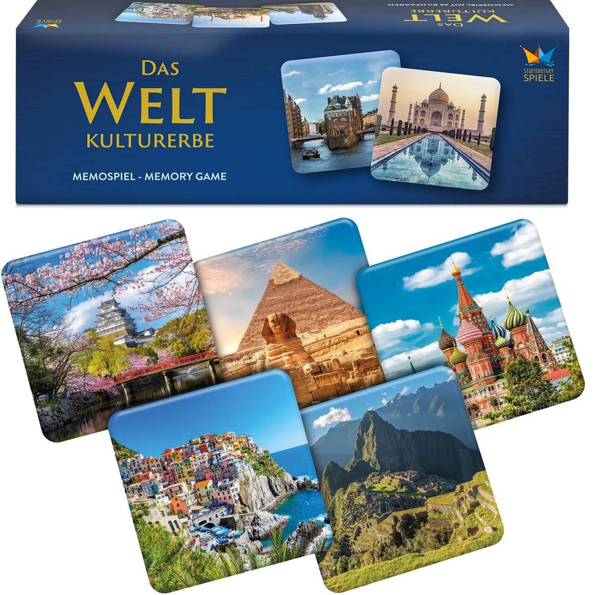 Verpackung des Memospiels „Das Weltkulturerbe“ mit fünf Bildkarten: Burg Himeji mit Kirschblüte, Pyramide und Sphinx von Gizeh, Basilius-Kathedrale in Moskau, Manarola und Machu Picchu.