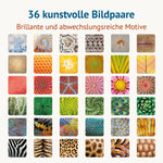 Übersicht aller 36 Motive des Memospiels Kunstvoll – Muster der Natur: Schneekristall, Bienenwabe, Spinnennetz, Seeigel, Chamäleonhaut und Tierfelle