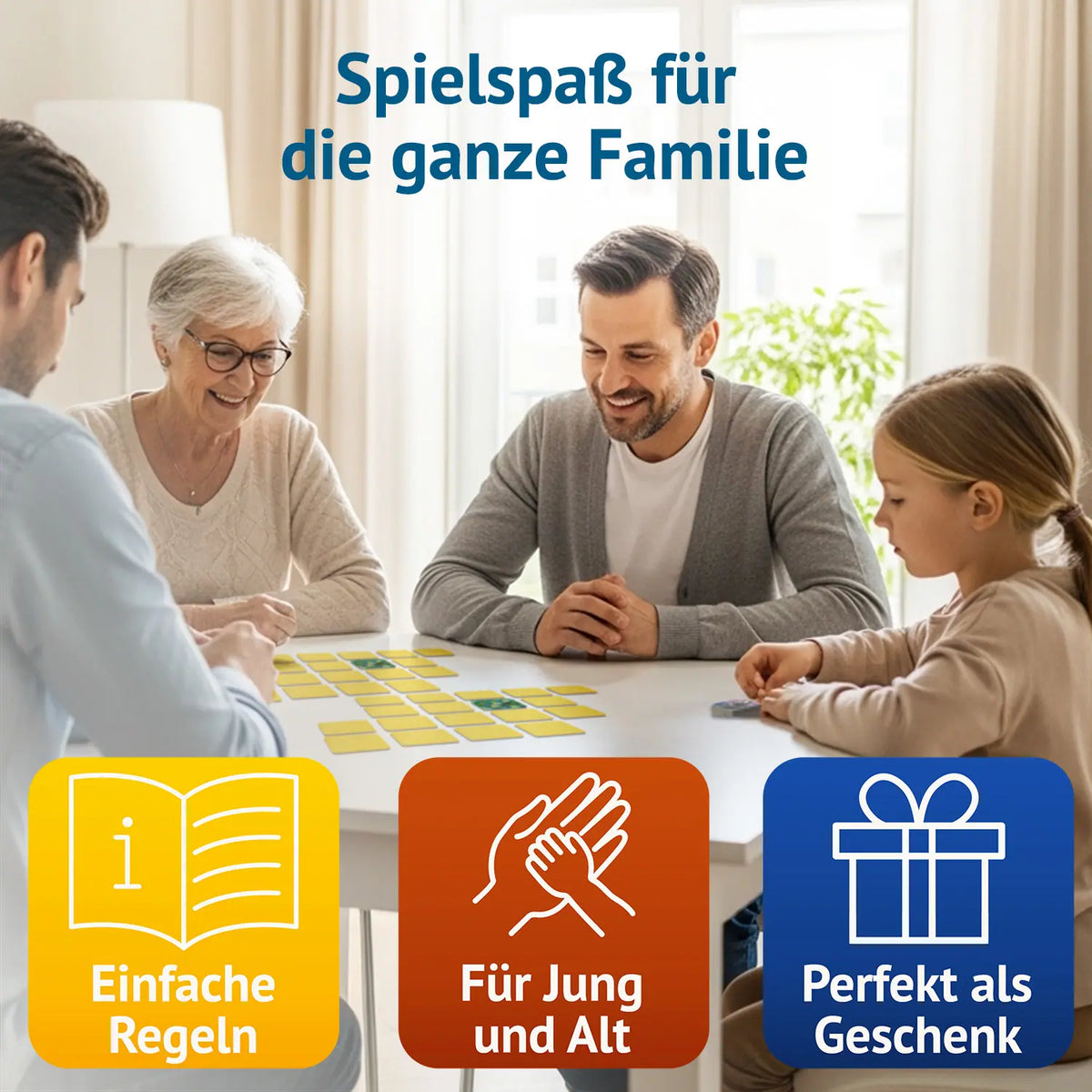 Großeltern, Eltern und Kind spielen Kunstvoll am Wohnzimmertisch – einfache Regeln, für Jung und Alt, perfekt als Geschenk