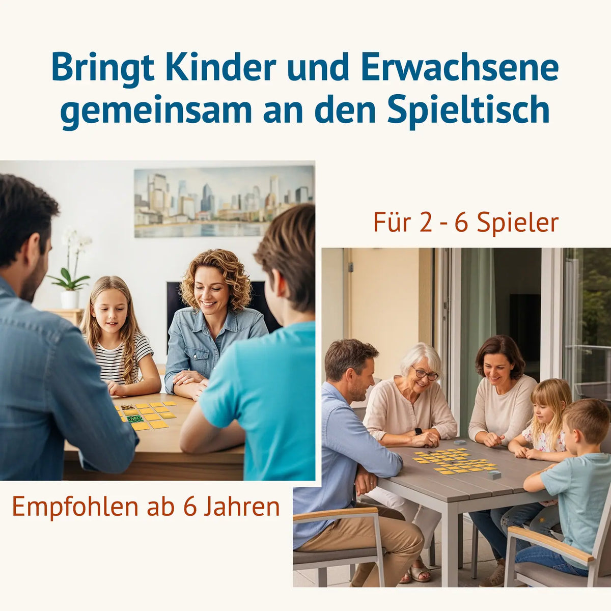 Familien spielen das Memospiel Kunstvoll am Tisch und auf der Terrasse – für 2 bis 6 Spieler, empfohlen ab 6 Jahren