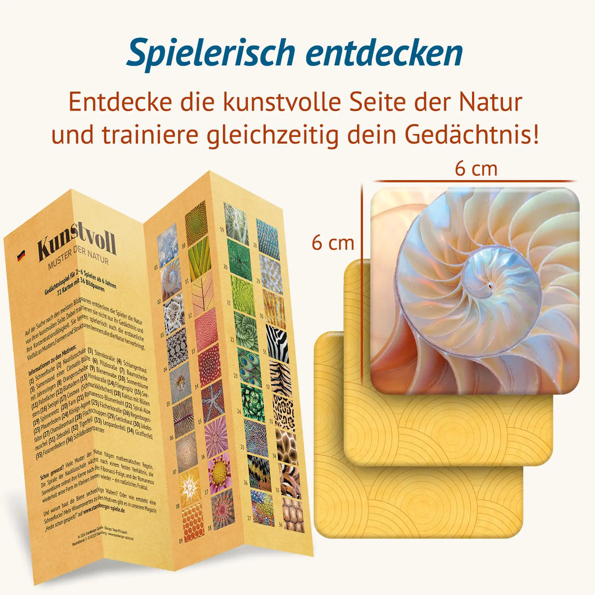 Aufgefalteter Beileger mit Motivliste und Spielregeln, daneben Karte mit Nautilusschale – Kartengröße 6 × 6 cm