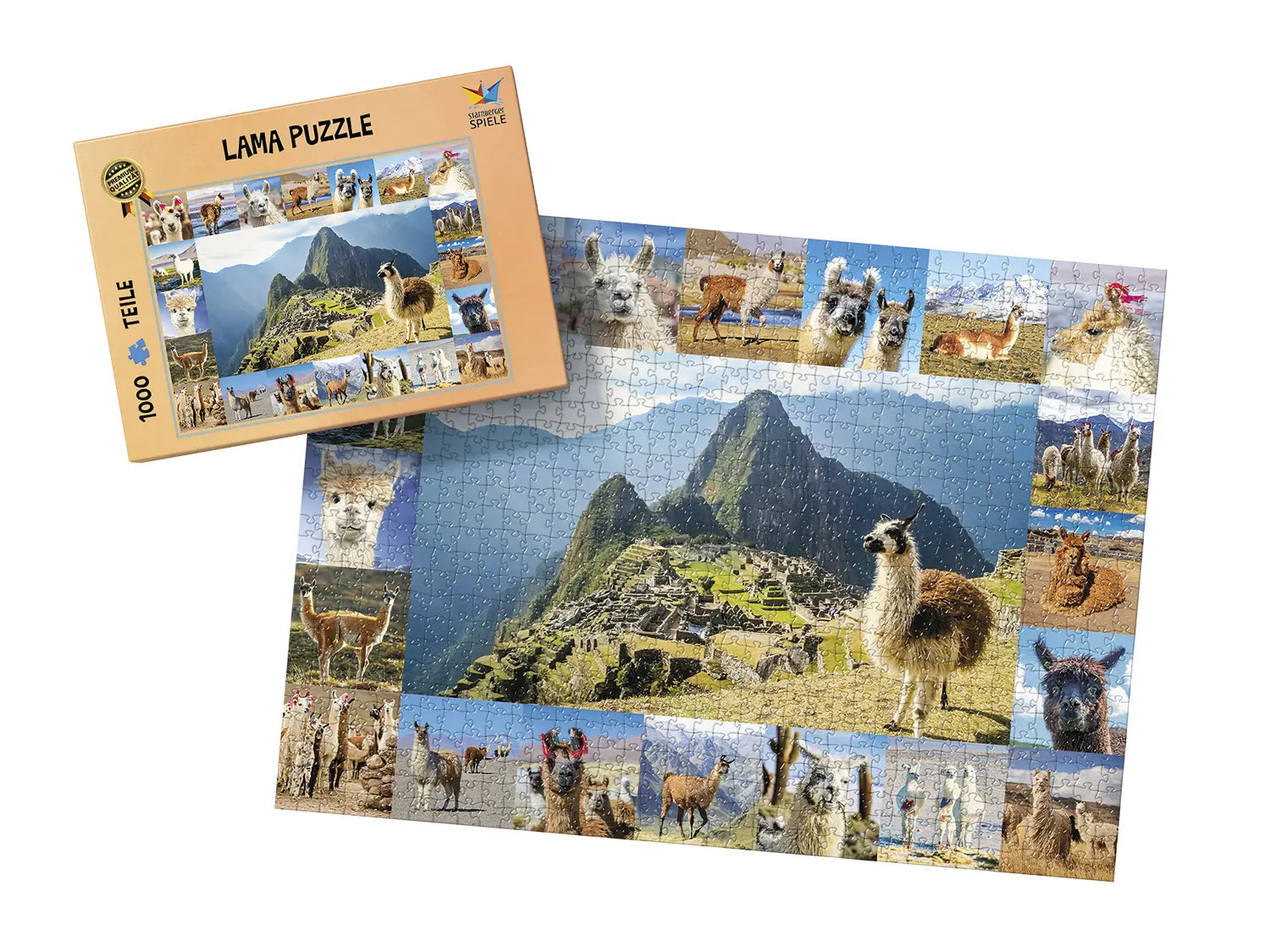Lama Puzzle von Starnberger Spiele mit 1000 Teilen. Das Bild zeigt die Puzzle-Schachtel neben dem fertig gelegten Puzzle. Die Fotocollage vereint zahlreiche ausdrucksstarke Lamas und Alpakas vor der beeindruckenden Kulisse der Anden. Im Zentrum steht ein Lama vor der berühmten Inka-Stadt Machu Picchu in Peru. Die abwechslungsreichen Tierporträts und Landschaftsaufnahmen machen das Puzzle zu einem besonderen Erlebnis für Lama-Fans und Tierliebhaber.