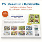 Rückseite des Spielblocks „Lieblingsmotiv – Tiere & Natur“ mit Vorschau aller acht Themenwelten: Bedrohte Tierarten, Blumen, Im Wald, Meerestiere, Lustige Tiere, Muster der Natur, Farbenprächtige Tiere und Heimische Vögel. Text: 192 Fotomotive in 8 Themenwelten.