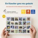 Hände halten ein DIN-A4-Spielblatt mit 24 Fotos bedrohter Tierarten wie Eisbär, Großer Panda und Okapi. Text: Ein Klassiker ganz neu gedacht – das klassische Ja-Nein-Ratespiel mit echten Fotos. Praktischer Spielblock, für 2 Spieler ab 8 Jahren, ca. 20 Minuten.