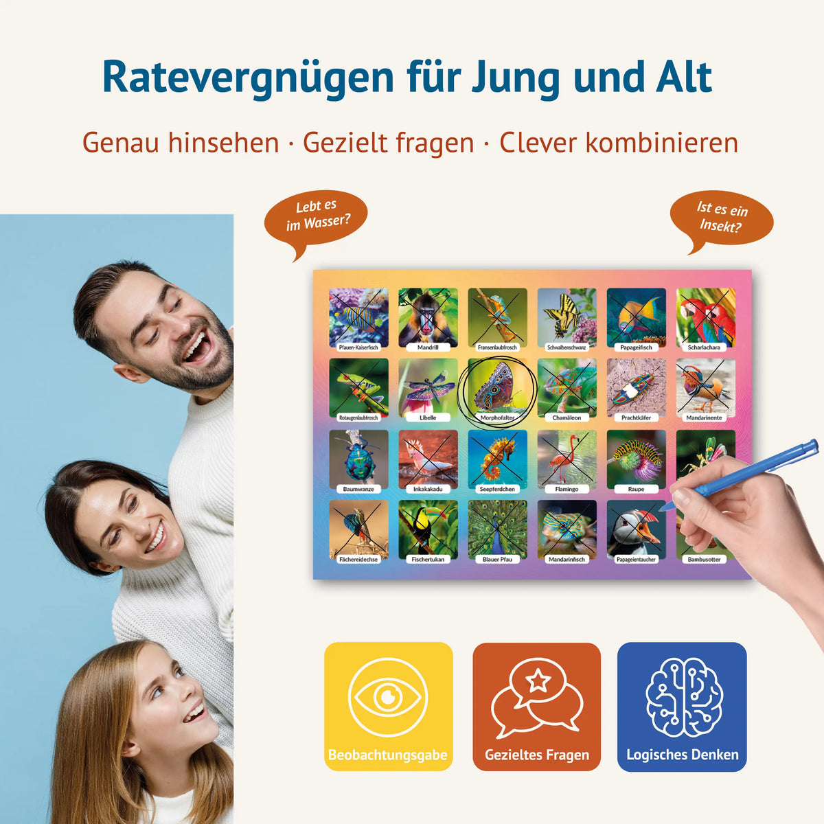 Lachende Familie schaut auf ein Spielblatt mit farbenprächtigen Tieren, auf dem Motive durchgestrichen sind und der Morphofalter eingekreist ist. Text: Ratevergnügen für Jung und Alt – genau hinsehen, gezielt fragen, clever kombinieren. Fördert Beobachtungsgabe, gezieltes Fragen und logisches Denken.