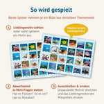 Zwei Spielblätter der Themenwelt Meerestiere, auf dem einen ist der Seelöwe eingekreist, auf dem anderen die Riesensepia, einige Motive sind durchgestrichen. Text: So wird gespielt – beide Spieler nehmen je ein Blatt aus derselben Themenwelt. 1. Lieblingsmotiv geheim wählen. 2. Abwechselnd Ja-Nein-Fragen stellen, z. B. Hat es Flossen? 3. Unpassende Motive streichen und das Lieblingsmotiv des Mitspielers erraten.