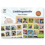 Cover des Foto-Ratespiels „Lieblingsmotiv – Tiere & Natur“ von Starnberger Spiele mit zwei Spielblättern, eingekreisten und durchgestrichenen Tierfotos. Text: Finde mit Ja-Nein-Fragen das Lieblingsmotiv deines Mitspielers! 192 Fotos in 8 Themenwelten.