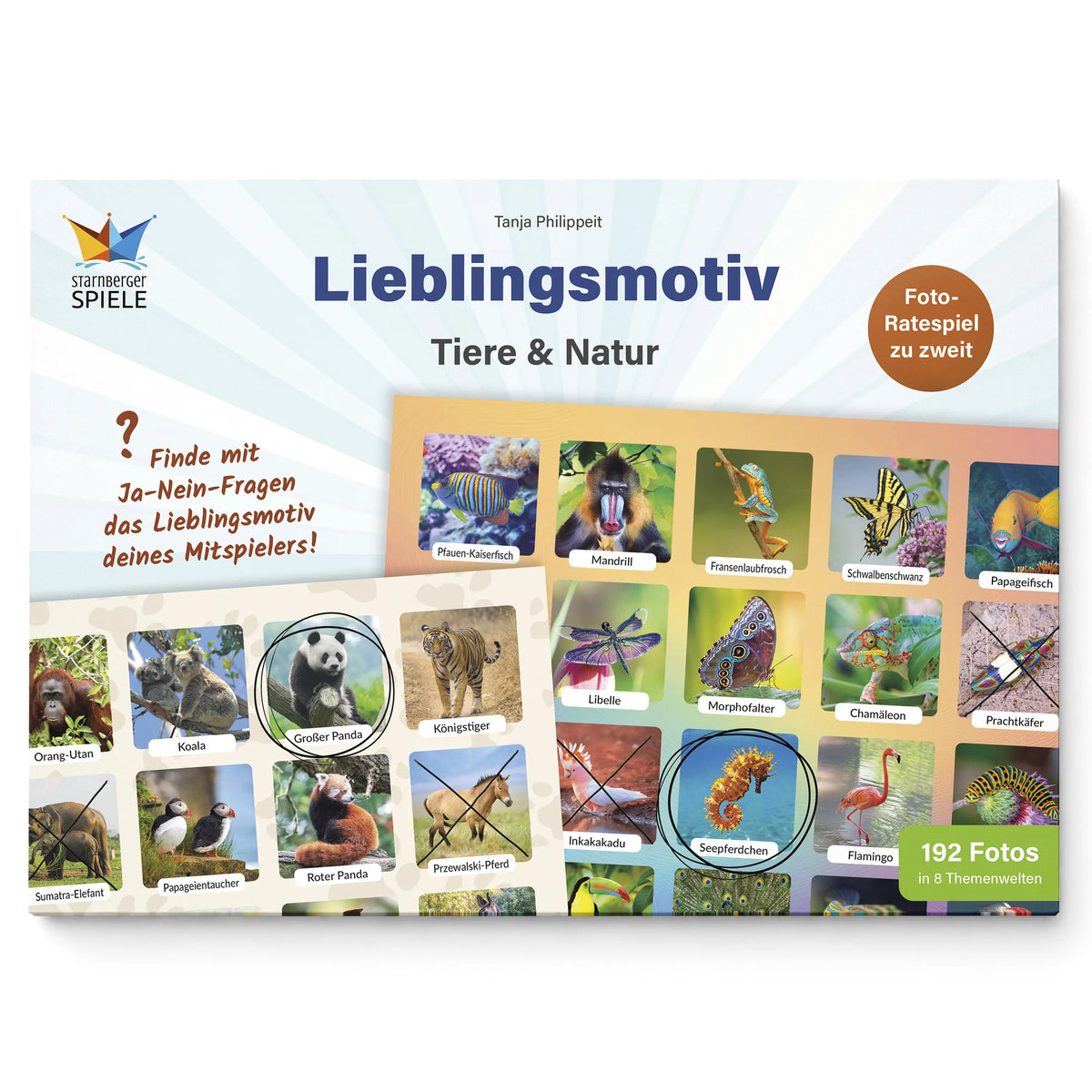 Cover des Foto-Ratespiels „Lieblingsmotiv – Tiere & Natur“ von Starnberger Spiele mit zwei Spielblättern, eingekreisten und durchgestrichenen Tierfotos. Text: Finde mit Ja-Nein-Fragen das Lieblingsmotiv deines Mitspielers! 192 Fotos in 8 Themenwelten.