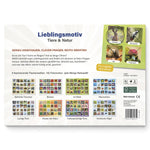 Rückseite des Spielblocks „Lieblingsmotiv – Tiere & Natur“ mit Beispielmotiven und Vorschau aller acht Themenwelten: Bedrohte Tierarten, Blumen, Im Wald, Meerestiere, Lustige Tiere, Muster der Natur, Farbenprächtige Tiere und Heimische Vögel. Text: Genau hinschauen. Clever fragen. Motiv erraten! Für 2 Spieler ab 8 Jahren.