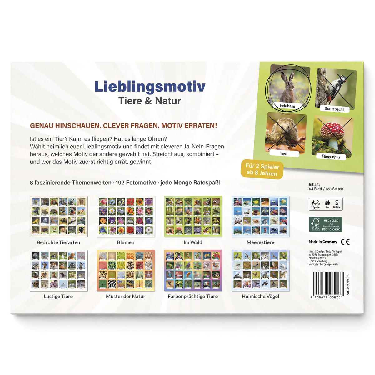 Rückseite des Spielblocks „Lieblingsmotiv – Tiere & Natur“ mit Beispielmotiven und Vorschau aller acht Themenwelten: Bedrohte Tierarten, Blumen, Im Wald, Meerestiere, Lustige Tiere, Muster der Natur, Farbenprächtige Tiere und Heimische Vögel. Text: Genau hinschauen. Clever fragen. Motiv erraten! Für 2 Spieler ab 8 Jahren.