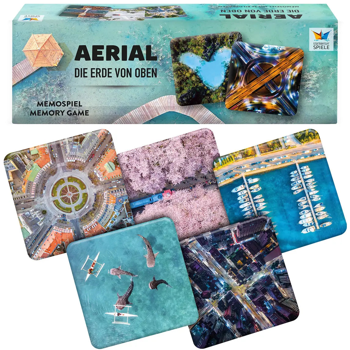 Memospiel Aerial – Die Erde von oben mit Verpackung und fünf beeindruckenden Luftbild-Motiven aus aller Welt.