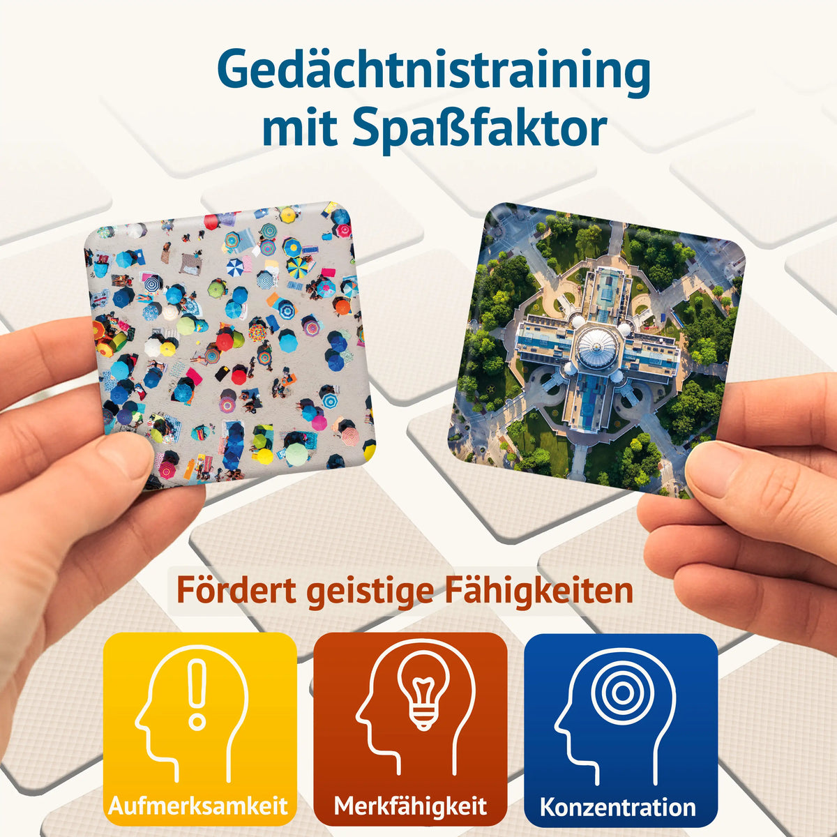 Memospiel Aerial fördert spielerisch Aufmerksamkeit, Merkfähigkeit und Konzentration mit faszinierenden Luftbild-Motiven aus der Vogelperspektive.
