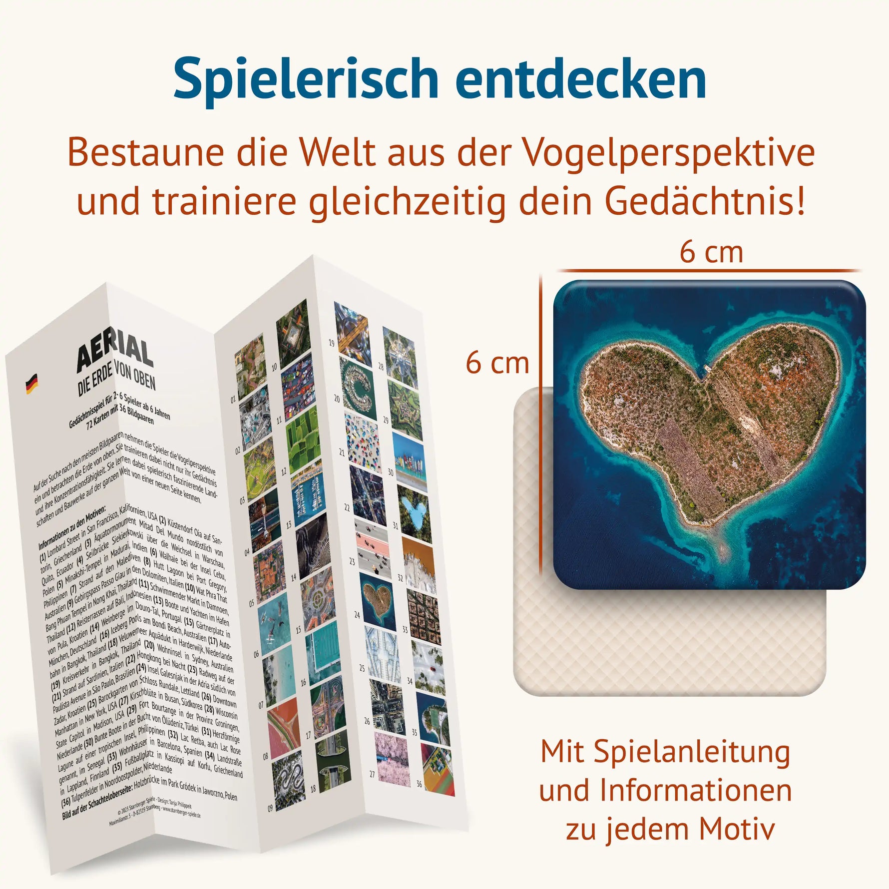 Memospiel Aerial mit ausführlicher Spielanleitung und Informationen zu allen 36 faszinierenden Luftbild-Motiven.