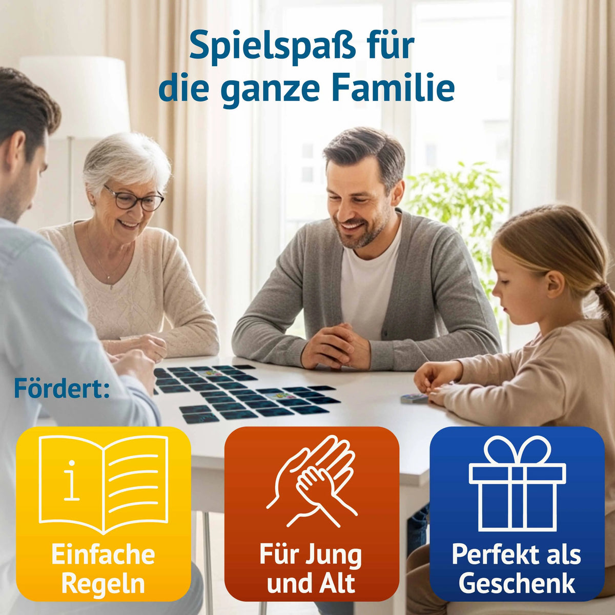 Familie mit Kindern und Großmutter beim Spielen des Farbenprächtig Memospiels am Tisch. Das Gedächtnisspiel bietet einfache Regeln, ist für Jung und Alt geeignet und eignet sich als Geschenk für die ganze Familie.