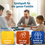 Familie mit Kindern und Großmutter beim Spielen des Farbenprächtig Memospiels am Tisch. Das Gedächtnisspiel bietet einfache Regeln, ist für Jung und Alt geeignet und eignet sich als Geschenk für die ganze Familie.