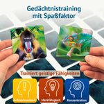 Spielkarten des Farbenprächtig Memospiels mit farbenfrohen Tiermotiven wie Mandrill und Chamäleon. Das Gedächtnisspiel fördert Aufmerksamkeit, Merkfähigkeit und Konzentration und sorgt für spielerisches Gedächtnistraining mit Spaßfaktor.