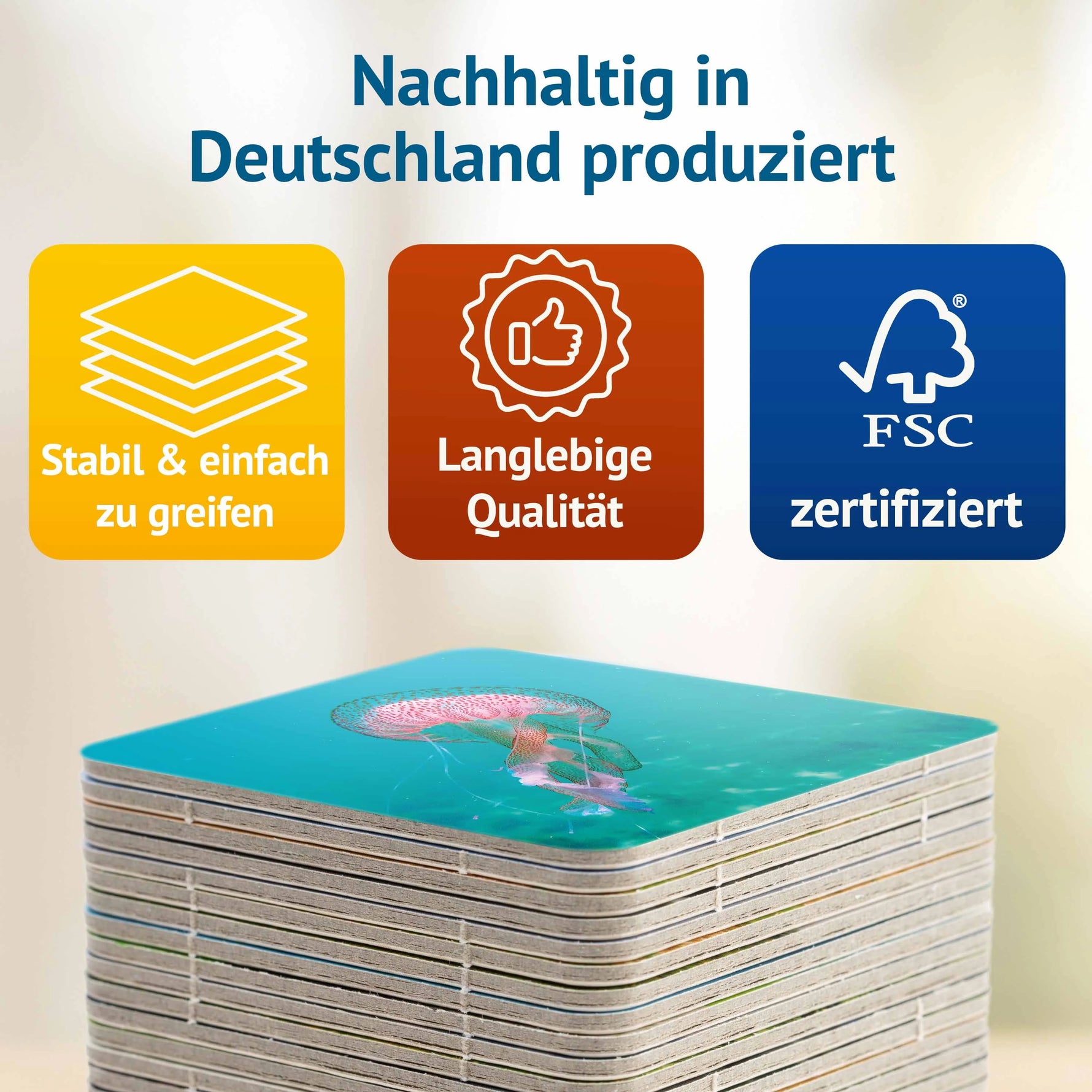 Stapel der Spielkarten des Farbenprächtig Memospiels. Das Gedächtnisspiel wird nachhaltig in Deutschland produziert und steht für langlebige Qualität, FSC-zertifizierte Materialien und eine stabile Haptik.