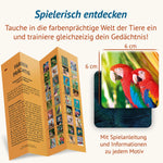 Farbenprächtig Memospiel mit Spielanleitung, Übersicht aller 36 Bildpaare und zusätzlichen Informationen zu jedem Motiv. Das Gedächtnisspiel verbindet farbenfrohe Tierfotografie mit spielerischem Gedächtnistraining.