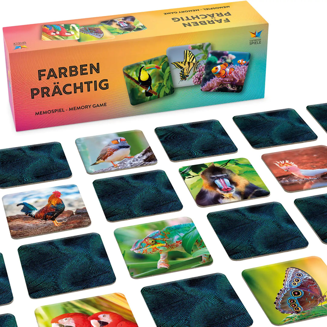 Farbenprächtig Memospiel mit farbenfrohen Tiermotiven, Spielkarten und Verpackung. Gedächtnisspiel für Kinder und Erwachsene, nachhaltig in Deutschland hergestellt.